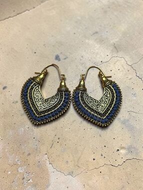 Gold-Tone Blue Beaded Heart Hoop Earrings